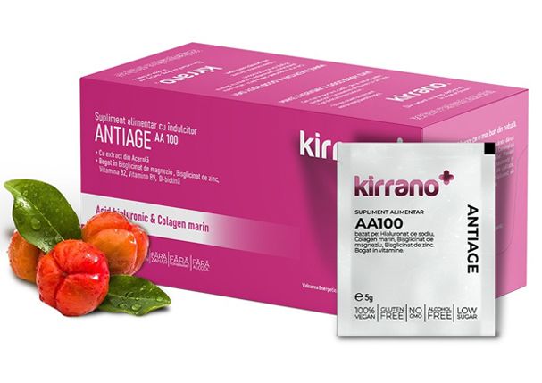 Supliment alimentar: KIRRANO ANTIAGE AA100 cu acid hialuronic+acerola, pentru managementul vârstei